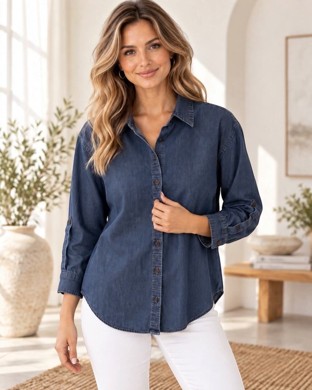 Gloria Vanderbilt Denim Button Front Shirt Petite XS Roll Tab Sleeves